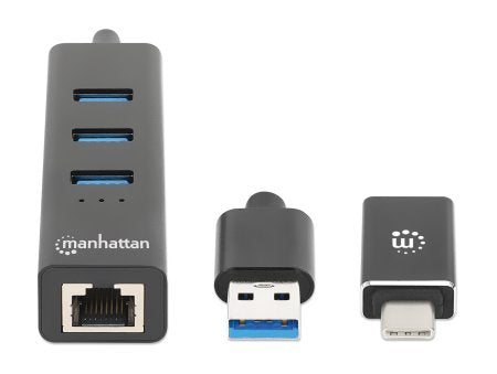 Manhattan USB-C & USB-A Combo Dock/Hub, Ports (4): Ethernet and USB-A (x3), 5 Gbps (USB 3.2 Gen1 aka USB 3.0), External Power Supply Not Needed, Universal for all devices, USB-A Male with Attachable USB-C Male Adapter, SuperSpeed USB, Black, Three Year Wa