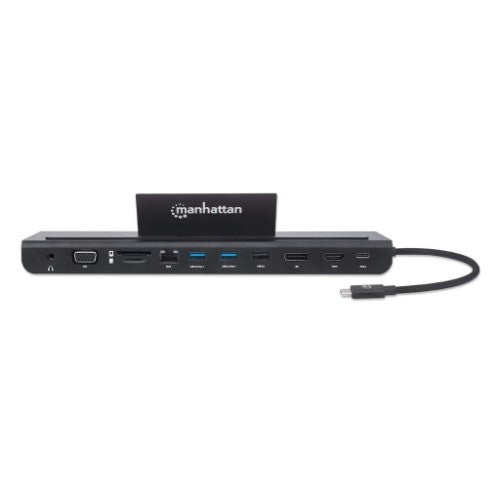 Manhattan USB-C Dock/Hub with Card Reader and MST, Ports (x9): Audio 3.5mm, DisplayPort, Ethernet, HDMI, USB-A (x3), USB-C and VGA, With Power Delivery (100W) to USB-C Port (Note add USB-C wall charger and USB-C cable needed),All Ports can be used at the