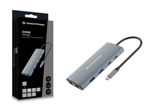 Conceptronic DONN06G 10-in-1 USB 3.2 Gen 1 Docking Station, HDMI, 100W USB PD, USB-C 5Gbps x 2, USB-A 5Gbps x 3, SD, TF/MicroSD, GbE