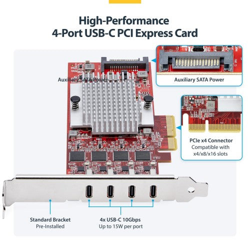 StarTech.com 4-Port USB Type-C PCIe Card, USB 3.2 10Gbps, USB-C PCI Express Expansion Card, 4x Independent USB Controllers, Windows/Linux/macOS, TAA-Compliant
