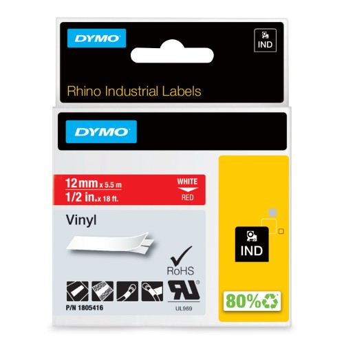 Dymo 1805416 Ribbon Vinyl white on red 12mmx5,5m for Dymo Rhino 6-12mm/19mm/24mm