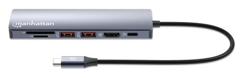 Manhattan USB-C Dock/Hub with Card Reader, Ports (x5): Ethernet, HDMI, USB-A (x2) and USB-C, With Power Delivery (100W) to USB-C Port (Note additional USB-C wall charger and USB-C cable needed), USB 3.2 Gen 1, All Ports can be used at the same time, Unive