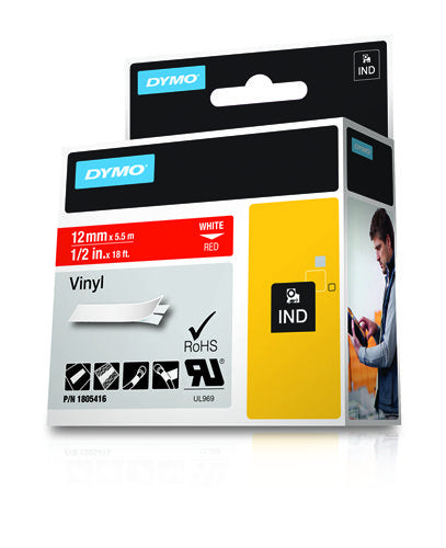 Dymo 1805416 Ribbon Vinyl white on red 12mmx5,5m for Dymo Rhino 6-12mm/19mm/24mm