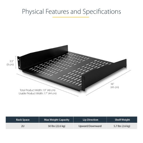 StarTech.com 2U Server Rack Shelf - Universal Vented Rack Mount Cantilever Tray for 19" Network Equipment Rack & Cabinet - Heavy Duty Steel - Weight Capacity 50lb/23kg - 16" Deep Shelf, Black