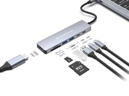 Conceptronic DONN28G 7-in-1 USB 3.2 Gen 1 Docking Station, 4K60Hz HDMI, USB-A 5Gbps x 2, USB-C 5Gbps, SD, TF/MicroSD, 100W USB PD
