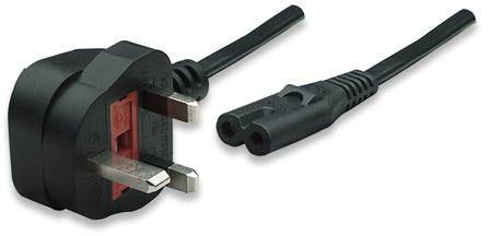 Manhattan Mains Power Cord/Cable, UK 3-pin plug to C7 Female (figure of eight), 1.8m, 13A, Black, Lead, Lifetime Warranty