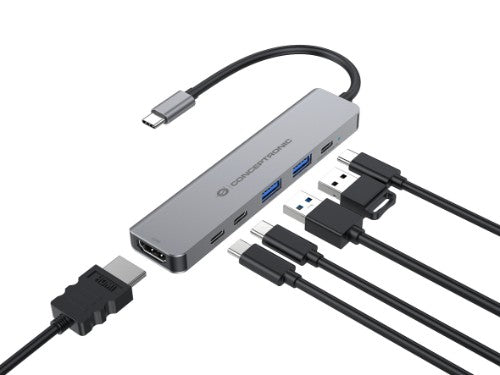 Conceptronic DONN33G 6-in-1 USB 3.2 Gen 1 Docking Station, HDMI, USB-A 5Gbps x 2, USB-C 5Gbps x 2, 100W USB PD