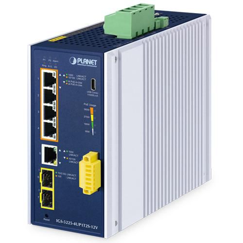 PLANET Industrial L2+ 4-Port 10/100/1000T 802.3bt PoE + 1-Port 10/100/1000T + 2-Port 1G/2.5G SFP Managed Ethernet Switch w/12V Booster L2+ Gigabit Ethernet (10/100/1000) Power over Ethernet (PoE) Aluminium, Blue