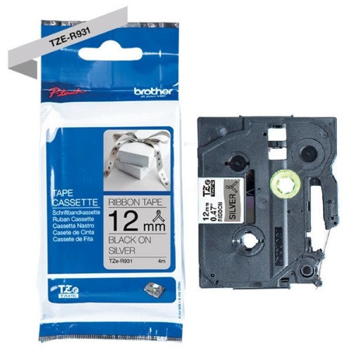 Brother TZE-R931 DirectLabel black on silver textil 12mm x 4m for Brother P-Touch TZ 3.5-18mm/6-12mm/6-18mm/6-24mm/6-36mm