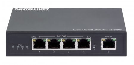Intellinet 4-Port Gigabit Ultra PoE Extender, Adds up to 100 m (328 ft.) to PoE Range, 90 W PoE Power Budget, Four PSE Ports with up to 30 W Output, IEEE 802.3bt/at/af Compliant, Metal Housing