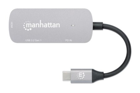 Manhattan USB-C Dock/Hub, Ports (x3): HDMI, USB-A and USB-C, with Power Delivery (PD) 100W- requires external USB-C charger (not included). USB powered (no external power supply required) when PD is not in use, Aluminium