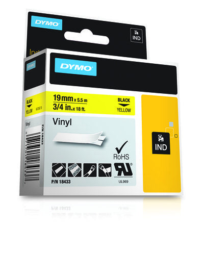 Dymo 18433/S0718470 Ribbon Vinyl black on yellow 19mm x 5,5m for Dymo Rhino 6-19mm/24mm