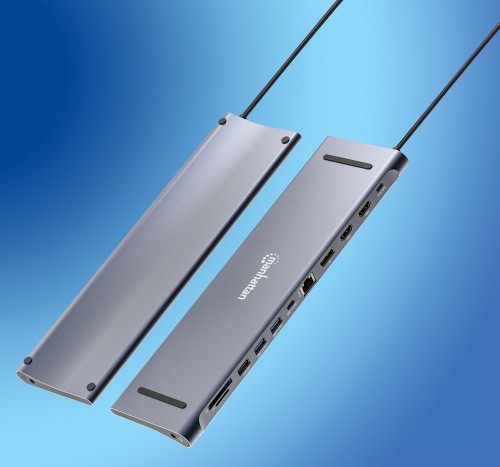 Manhattan USB-C Dock/Hub with Card Reader, Ports (x10): Audio 3.5mm, DisplayPort, Ethernet, HDMI (x2),USB-A (x3) and USB-C (x2),Power Delivery (100W) to USB-C Port (Note add USB-C wall charger and USB-C cable needed),All Ports can be used at the same time