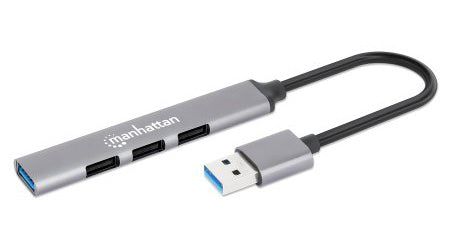 Manhattan USB-A 4-Port Hub, 4x USB-A Ports (1x 5 Gbps USB 3.2 Gen1 aka USB 3.0, 3 x 480 Mbps USB 2.0), USB powered (no external power supply required), Aluminium