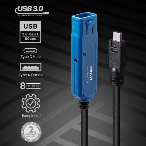 Lindy 43381 USB cable USB 3.2 Gen 1 (3.1 Gen 1) 8 m USB C USB A Black, Blue