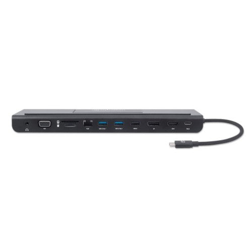 Manhattan USB-C Dock/Hub with Card Reader and MST, Ports (x9): Audio 3.5mm, DisplayPort, Ethernet, HDMI, USB-A (x3), USB-C and VGA, With Power Delivery (100W) to USB-C Port (Note add USB-C wall charger and USB-C cable needed),All Ports can be used at the