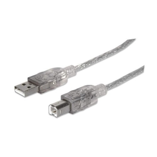 Manhattan USB-A to USB-B Cable, 5m, Male to Male, Translucent Silver, 480 Mbps (USB 2.0), Hi-Speed USB, Lifetime Warranty, Equivalent to USB2HAB5M (except colour).
