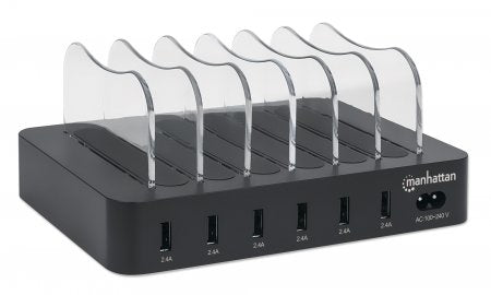Manhattan Charging Station, 6x USB-A Ports, Outputs: 6x 2.4A, Smart IC, LED Indicator Lights, Black, Three Year Warranty