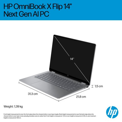 HP OmniBook X Flip Next Gen AI 14-fk0009na Copilot+ PC AMD Ryzen™ AI 7 350 Hybrid (2-in-1) 35.6 cm (14") Touchscreen 2K 16 GB LPDDR5x-SDRAM 1 TB SSD Wi-Fi 6E (802.11ax) Windows 11 Home Silver