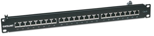 Intellinet Patch Panel, Cat6, FTP, 24-Port, 1U, Shielded, 90° Top-Entry Punch-Down Blocks, Black