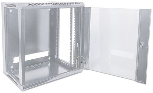 Intellinet 19" Network Cabinet - Wall Mount (Standard), 12U, 600mm Deep, Grey, Flatpack, Max 60kg, Metal & Glass Door, Back Panel, Removeable Sides, Suitable also for use on desk or floor, Usable Depth 410mm, Parts for wall install (eg screws/rawl plugs)