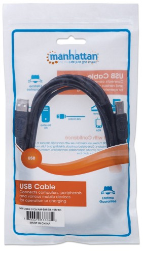 Manhattan USB-A to USB-B Cable, 3m, Male to Male, 480 Mbps (USB 2.0), Hi-Speed USB, Black, Lifetime Warranty, Equivalent to USB2HAB3M.