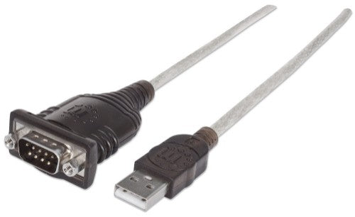 Manhattan USB-A to Serial Converter cable, 45cm, Male to Male, Serial/RS232/COM/DB9, Prolific PL-2303HXD Chip, Black/Silver cable, Three Year Warranty