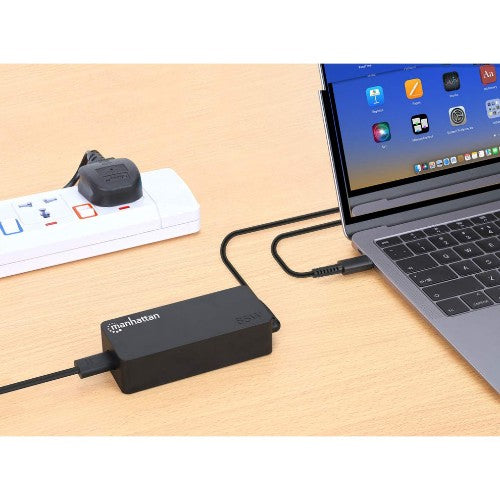 Manhattan Mains USB-C Laptop Charger 65W, AC (UK) to Type-C Power Adapter, Universal Voltage Compatible with Most Notebooks, Ideal as Second or Replacement Power Supply, Includes Detachable UK AC Power Cable and Built-in USB-C PD Cable, Black