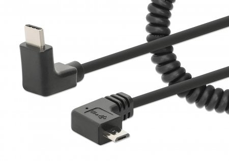 Manhattan USB-C to Micro-USB Cable, 1m, Male to Male, Black, 480 Mbps (USB 2.0), Tangle Resistant Curly Design, Angled Connectors, Ideal for Charging Cabinets/Carts, Charge only - not for data sync, Hi-Speed USB, Lifetime Warranty