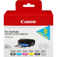 Canon 6496B005/PGI-550/CLI-551 Ink cartridge multi pack Bk,C,M,Y,Gy 7ml Pack=6 for Canon Pixma IP 8700/MG 6350/MG 7550