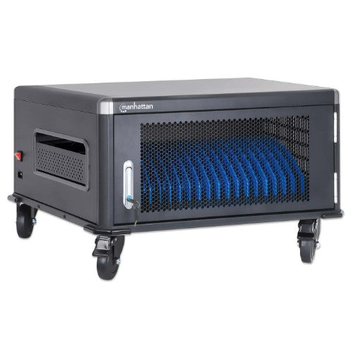 Manhattan Laptop Charging Cart/Trolley via AC Adapter (UK) 20-bay, Install device's AC Adapter (power cables) into unit, Suitable for ALL laptops (to 15.6"), iPads, MacBooks, Chromebooks, other portable devices, Bays 380x30x280mm, Cabinet, Lockable