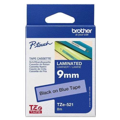 Brother TZE-521 DirectLabel black on blue Laminat 9mm x 8m for Brother P-Touch TZ 3.5-18mm/6-12mm/6-18mm/6-24mm/6-36mm