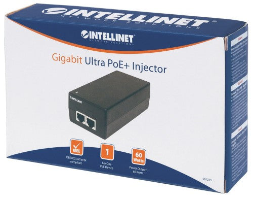 Intellinet Gigabit Ultra PoE+ Injector, 1 x 60 W Port, IEEE 802.3bt and IEEE 802.3at/af Compliant, Plastic Housing (UK Power Cord)