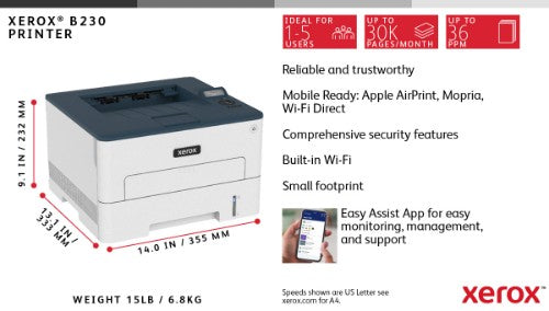 Xerox B230 A4 34ppm Wireless Duplex Printer PCL5e/6 2 Trays Total 251 Sheets
