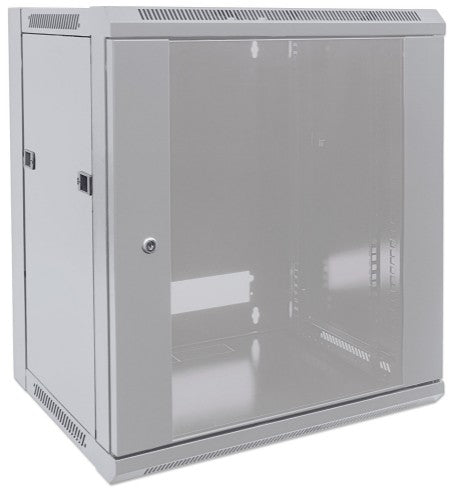 Intellinet 19" Network Cabinet - Wall Mount (Standard), 9U, 600mm Deep, Grey, Flatpack, Max 60kg, Suitable also for use on desk or floor, Usable Depth 410mm, Metal & Glass Door, Back Panel, Removeable Sides, Parts for wall install (eg screws/rawl plugs) n