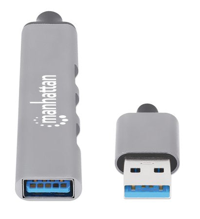 Manhattan USB-A 4-Port Hub, 4x USB-A Ports (1x 5 Gbps USB 3.2 Gen1 aka USB 3.0, 3 x 480 Mbps USB 2.0), Bus Powered, Aluminium, Space Grey, Three Year Warranty