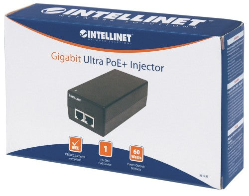 Intellinet Gigabit Ultra PoE+ Injector, 1 x 60 W Port, IEEE 802.3bt and IEEE 802.3at/af Compliant, Plastic Housing