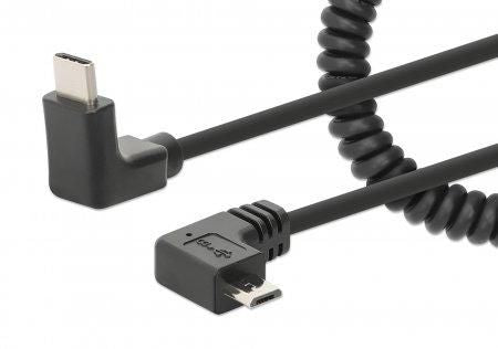Manhattan USB-C to Micro-USB Cable, 1m, Male to Male, Black, 480 Mbps (USB 2.0), Tangle Resistant Curly Design, Angled Connectors, Ideal for Charging Cabinets/Carts, Charge only - not for data sync, Hi-Speed USB, Lifetime Warranty
