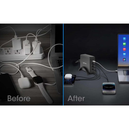 Manhattan Mains USB-C Laptop Charging Station 4-port, Universal charging for ALL laptops (incl power hungry gaming machines & equivalent) with ports to simultaneously charge phones/watches/earpods/etc, GaN, Each PD port up to 140W (Max 240W), UK Power cor