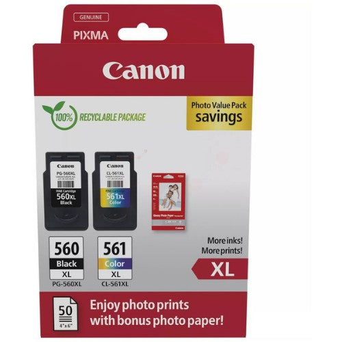 Canon 3712C008/PG-560XL+CL-561XL Printhead cartridge multi pack black + color +50 sheet Photopaper 14,3ml + 12,2ml Pack=2 for Canon Pixma TS 5350