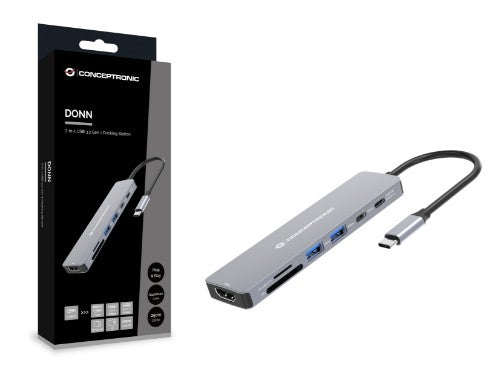 Conceptronic DONN28G 7-in-1 USB 3.2 Gen 1 Docking Station, 4K60Hz HDMI, USB-A 5Gbps x 2, USB-C 5Gbps, SD, TF/MicroSD, 100W USB PD