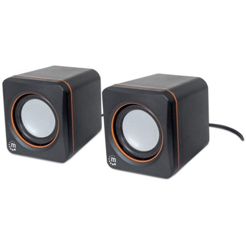 Manhattan 2600 Series Speaker System, Small Size, Big Sound, Two Speakers, Stereo, USB power, Output: 2x 3W, 3.5mm plug for sound, In-Line volume control, Cable 0.9m, Black, Three Year Warranty