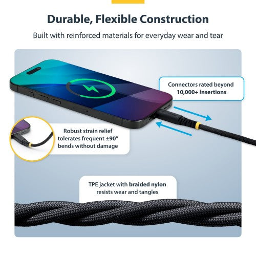 StarTech.com 3m (10ft) USB-C Charging Cable, 60W (3A) PD, Dual-Layer Braided Nylon/TPE Jacket, Rugged USB C Charging Cord, USB 2.0 Laptop Charger Cable