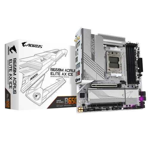 GIGABYTE B650M AORUS ELITE AX ICE Motherboard - AMD Ryzen 9000 Series CPUs, 12+2+2 Phases VRM, up to 8000MHz DDR5 (OC), 1xPCIe 5.0 + 1xPCIe 4.0 M.2, 2.5GbE LAN, WIFI 6E, USB 3.2 Gen 2x2