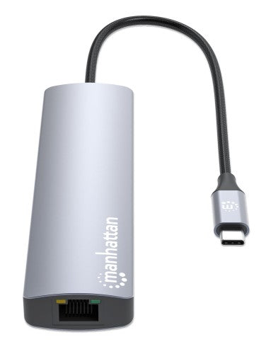 Manhattan USB-C Dock/Hub, Ports (x6): Ethernet, HDMI, USB-A (x3) and USB-C, With Power Delivery (100W) to USB-C Port (Note additional USB-C wall charger and USB-C cable needed), USB 3.2 Gen 1, All Ports can be used at the same time, Universal for all devi