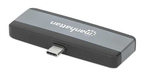 Manhattan USB-C Travel Dock/Hub, Ports (x4): HDMI, USB-A, USB-C and 3.5mm audio, With Power Delivery (100W) to USB-C Port, USB powered (no external power supply required)