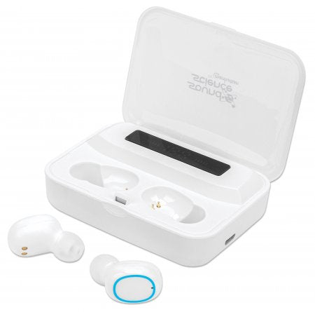 Manhattan Bluetooth Earphones, White, Microphone, Integrated Controls, Sweatproof, Noise Isolating, 5 hour usage time, Max Range 10m, Charging Case with Powerbank (1200mAh), Bluetooth v5.0, USB-A charging cable included, 3 Year Warranty