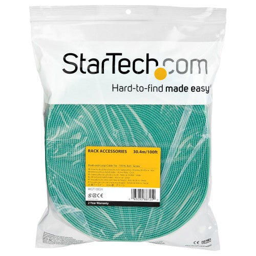 StarTech.com 100ft Hook and Loop Roll - Cut-to-Size Reusable Cable Ties - Bulk Industrial Wire Fastener Tape /Adjustable Fabric Wraps Green / Resuable Self Gripping Cable Management Straps