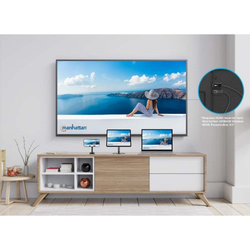 Manhattan 1080p Wireless HDMI Display Adapter with USB-C Transmitter, Dongle Wirelessly Displays a Video Signal from a USB-C Device on an HDMI TV or Projector, Requires Receiver from #208420 Wireless HDMI Presentation Kit, Black