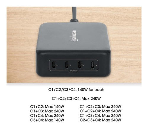 Manhattan 4-Port GaN USB Power Delivery Charging Station - 240 W / PD 3.1, Four USB-C PD Ports with up to 140 W per Port, 240 W Total Output, Power Delivery 3.1, Black